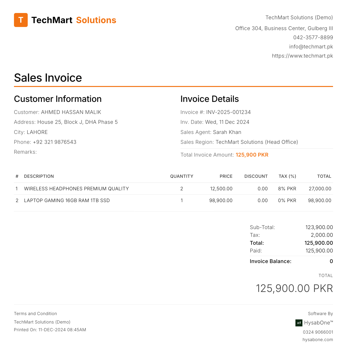 Professional Invoice Preview - TechMart Solutions Sales Invoice showing customer details, itemized products, and HysabOne software branding